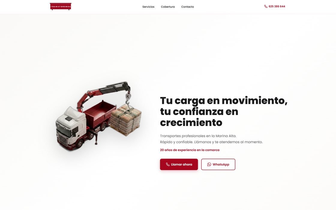 Página de inicio de la web de Transforonda: camión con grúa y el titular «Tu carga en movimiento, tu confianza en crecimiento»